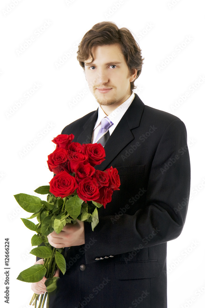 Beautiful man with a bouquet of roses Beautiful man with a bouquet of roses