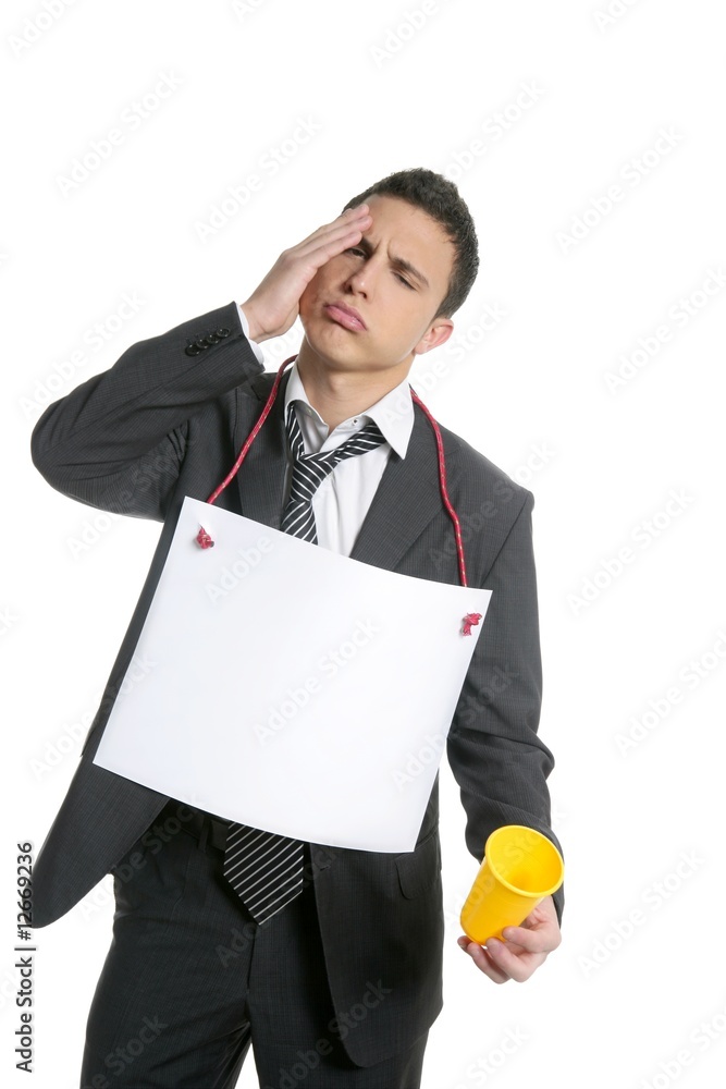 Businessman lost job asking for work, copy space