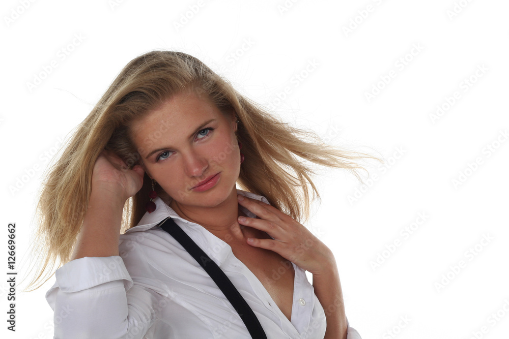 portrait of young blond woman isolated on white background portrait of young blond woman isolated on white background
