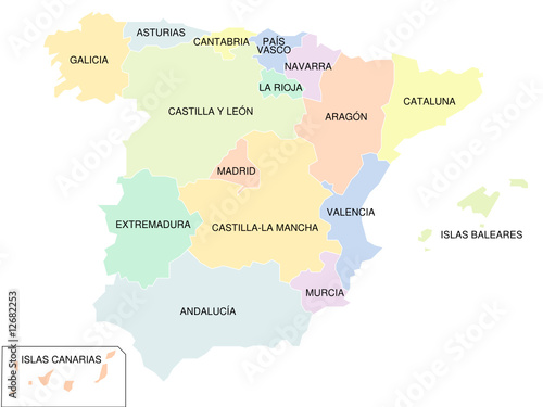 Spanien - Karte der autonomen Regionen, farbig