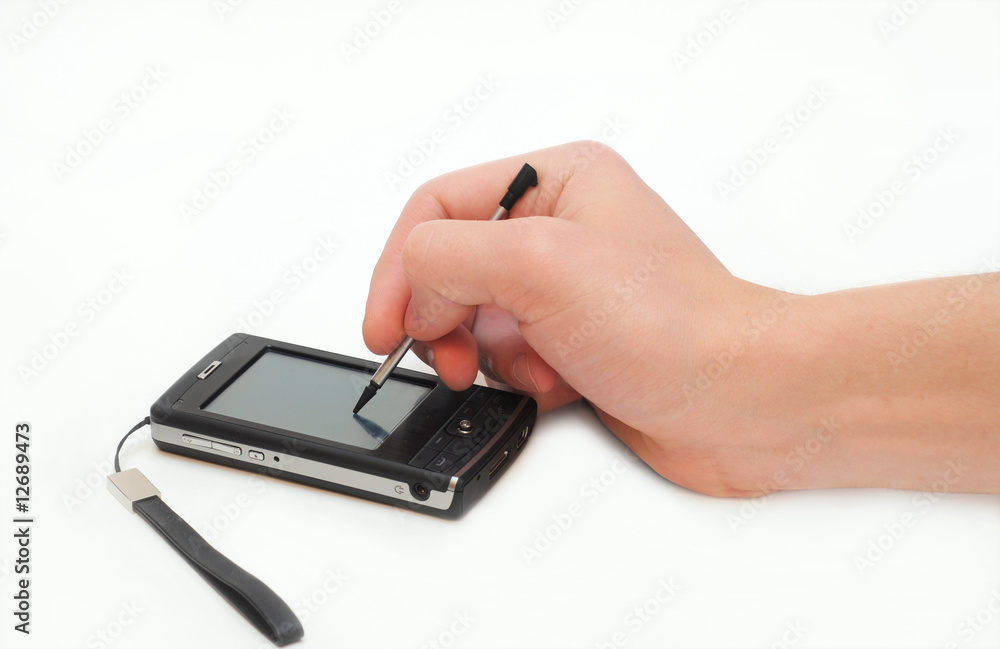 Man's hand with pocket PC isolated Man's hand with pocket PC isolated