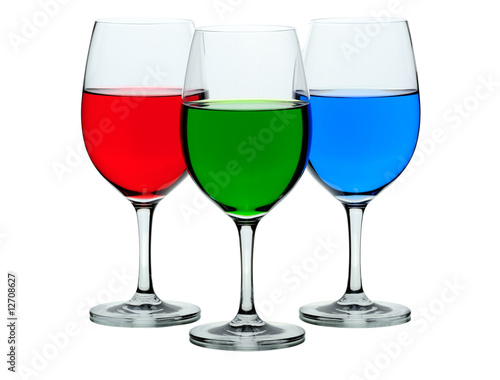 Three coloured wine glasses isolated on white