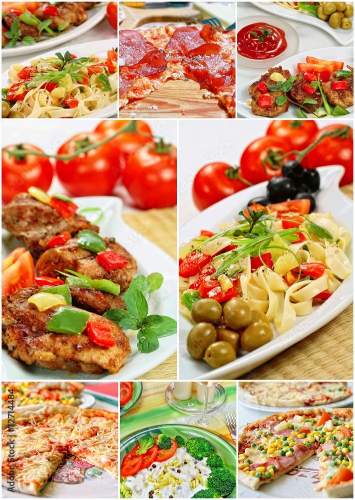 Beauty collage pastries and pizza made from eight photographs Stock