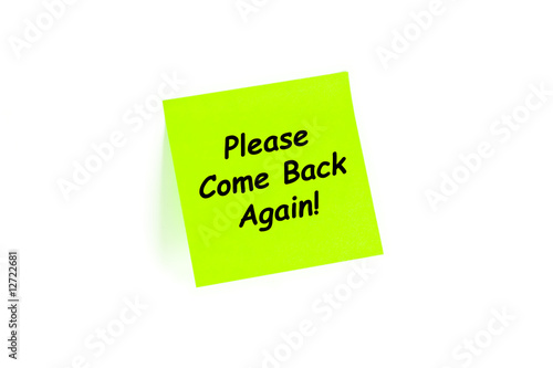 Please Come Back Again! on a post-it note