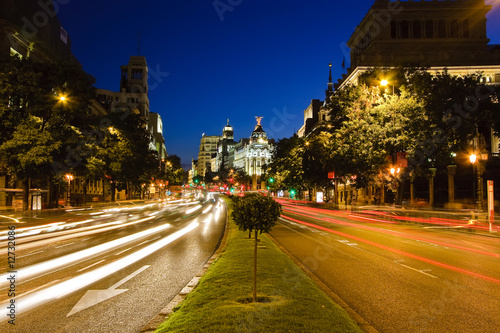 Traffic in night Madrid, Spain