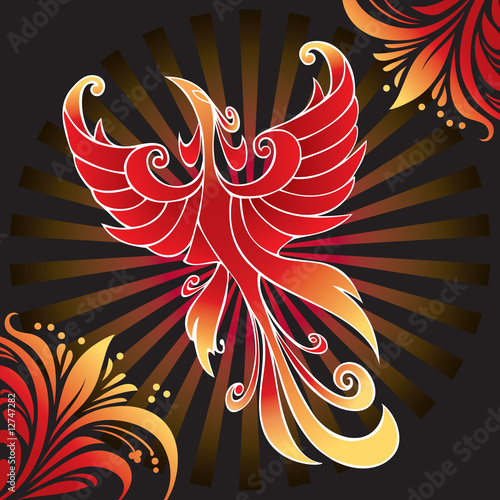 Firebird, mythical creature, background of rays and flowers photo