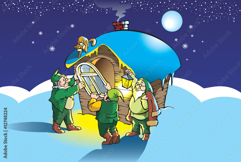 Fototapeta premium Gnomes mount new window in their hut, vector illustration
