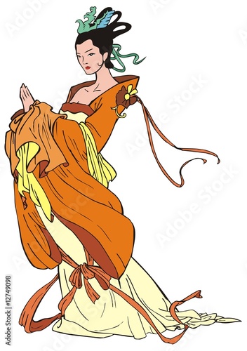 Chinese young woman, pastiche of traditional painting, vector