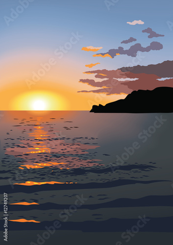 Sunset at sea, clouds over the mountains, vector illustration