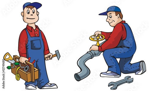 Two pictures of working plumber with tools, cartoon vector