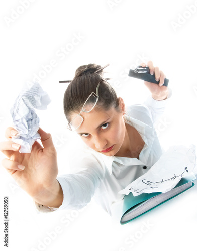 angry businesswoman throwing paper at us
