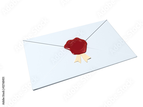 white envelope sealed with red wax seal isolated on white