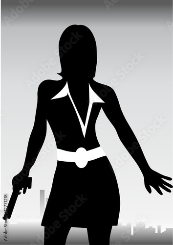 young woman with revolver front of the city