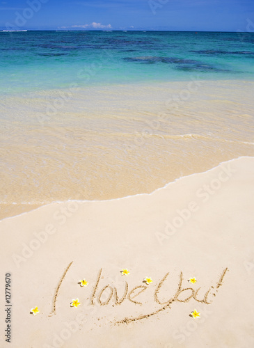 the words "I love you" are written on a sandy beach