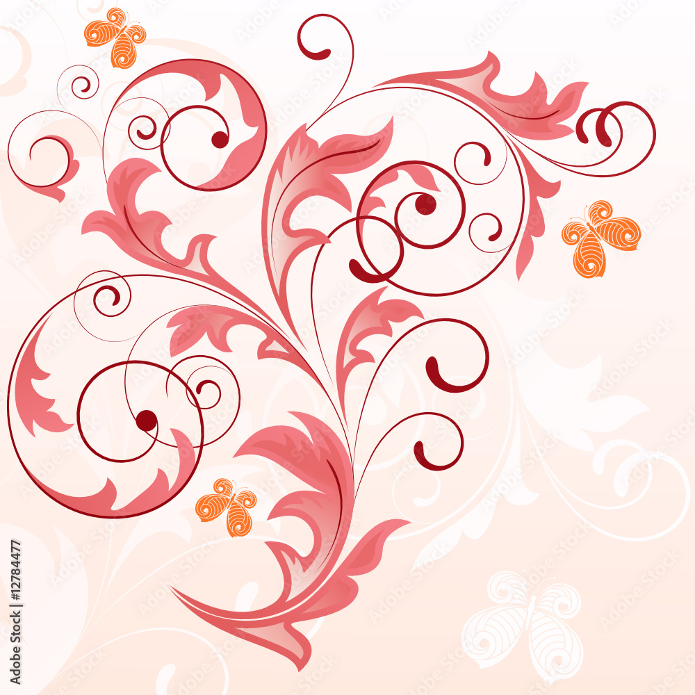 Summer pink background with plant and butterflies Summer pink background with plant and butterflies