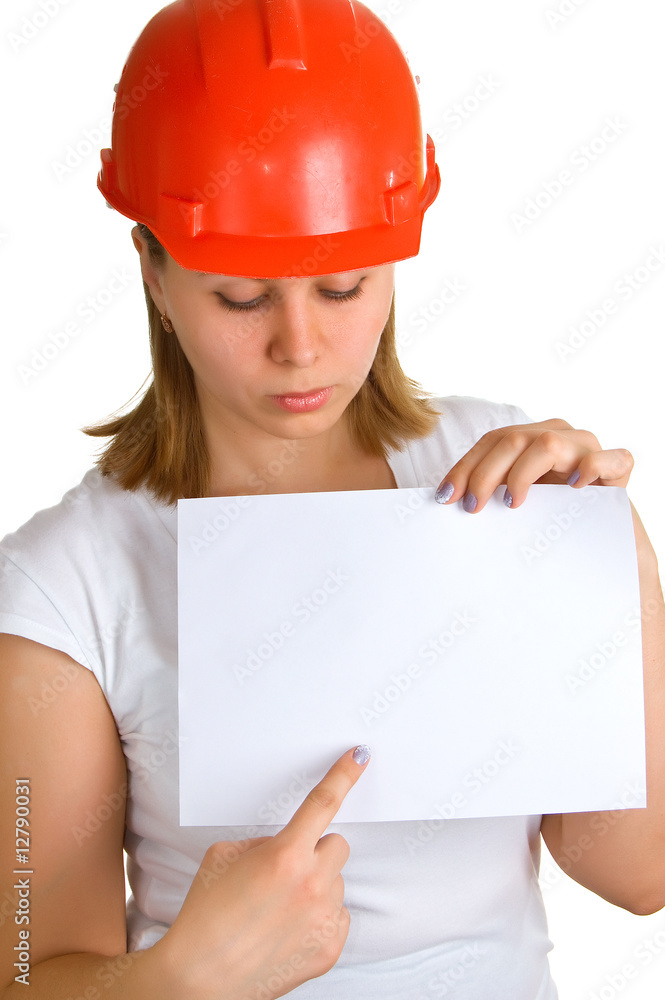 women in a red helmet shows on a sheet of paper women in a red helmet shows on a sheet of paper