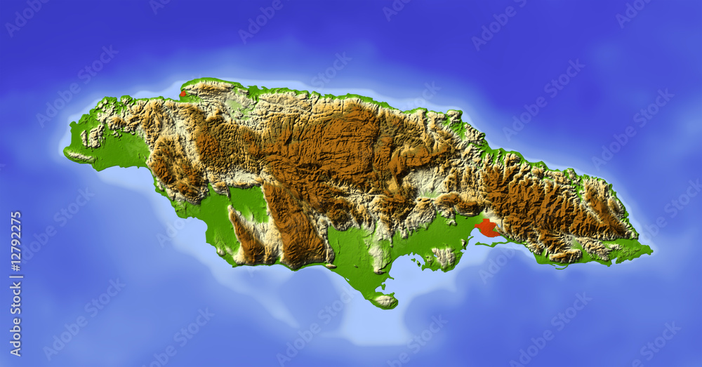 Jamaica, shaded relief map, colored for elevation Stock Illustration  Adobe Stock