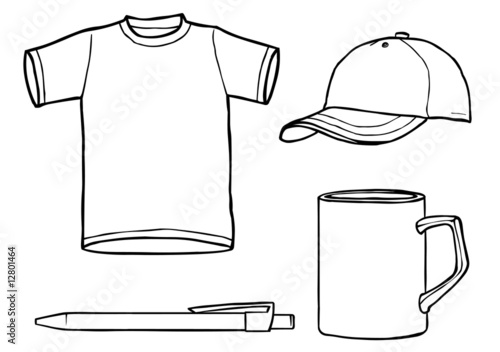 outline template shirt, cap, mug, a pen