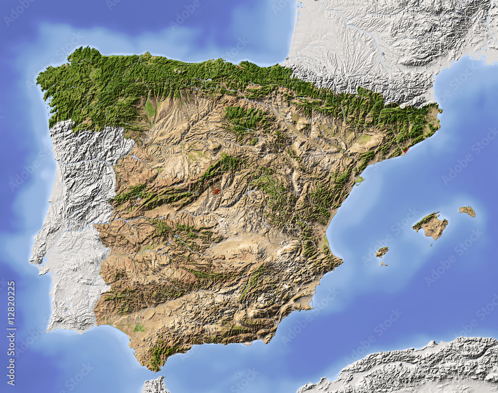 Fototapeta premium Hiszpania, cieniowana mapa reliefowa, pokolorowana ze względu na roślinność
