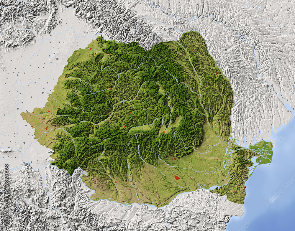 Fototapeta Rumunia, cieniowana mapa reliefowa, kolorowa dla roślinności