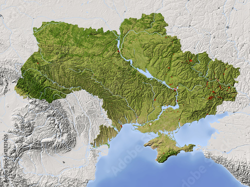 Ukraine, shaded relief map, colored for vegetation