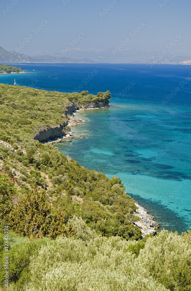 Scenic view of coastline in Dilek Peninsula  Kusadasi Turkey.