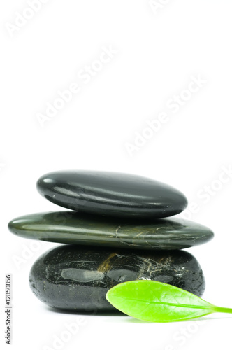 Spa stones and green leaf