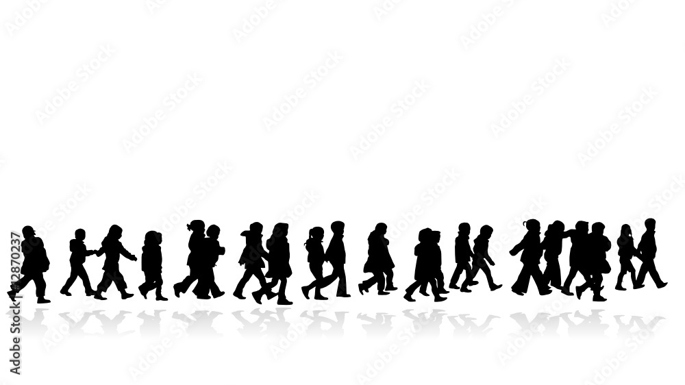 group of kids walking in line silhouette