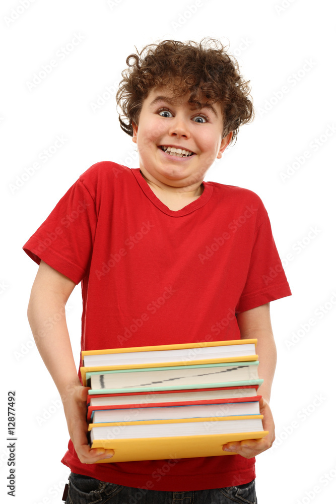 Successful boy holding books isolated on white background Successful boy holding books isolated on white background