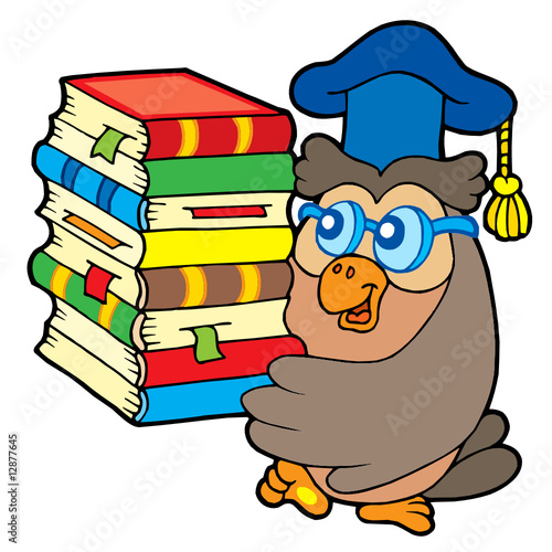 Owl teacher holding pile of books