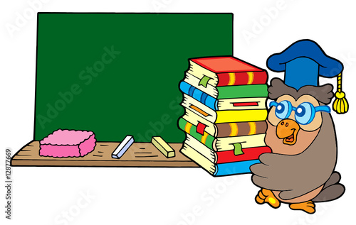 Owl teacher with books and blackboard