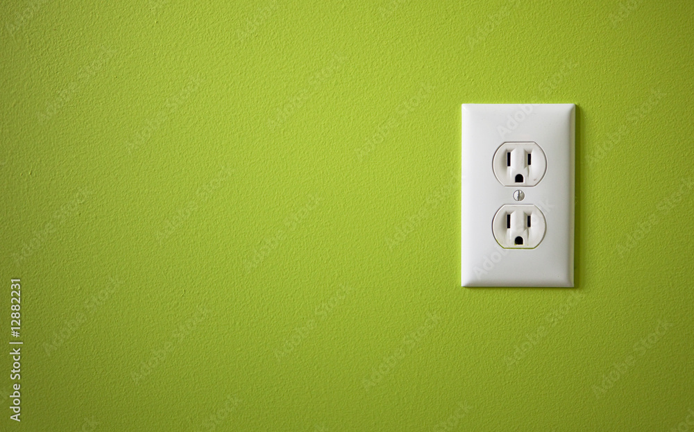 white electric outlet mounted on green wall - obrazy, fototapety, plakaty 