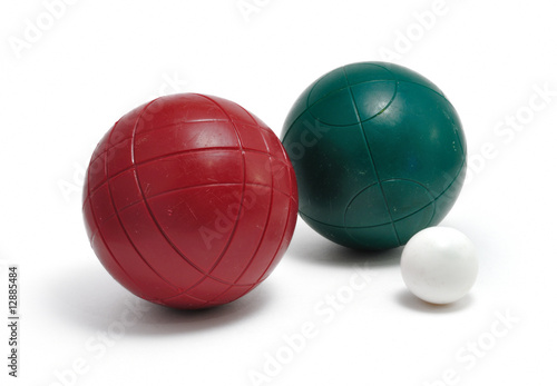 Red and Green Bocce Balls and Pallino (Jack or Boccino)
