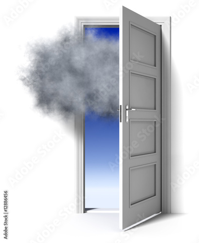 Dark cloud pushing home door (home security concept)
