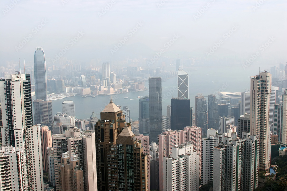 hongkong financial district coverd in heavy haze in winter