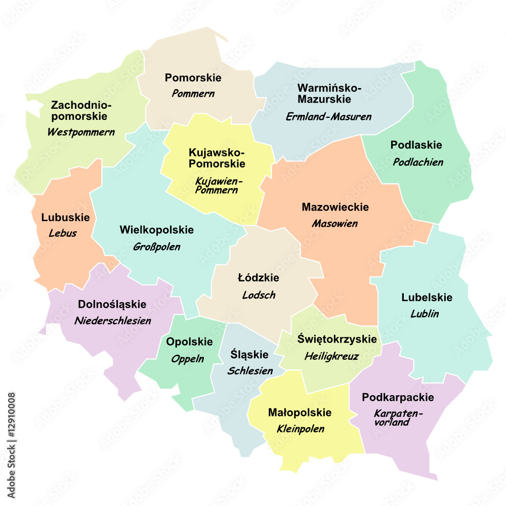Polen - Woiwodschaften mit Namen auf Polnisch und Deutsch