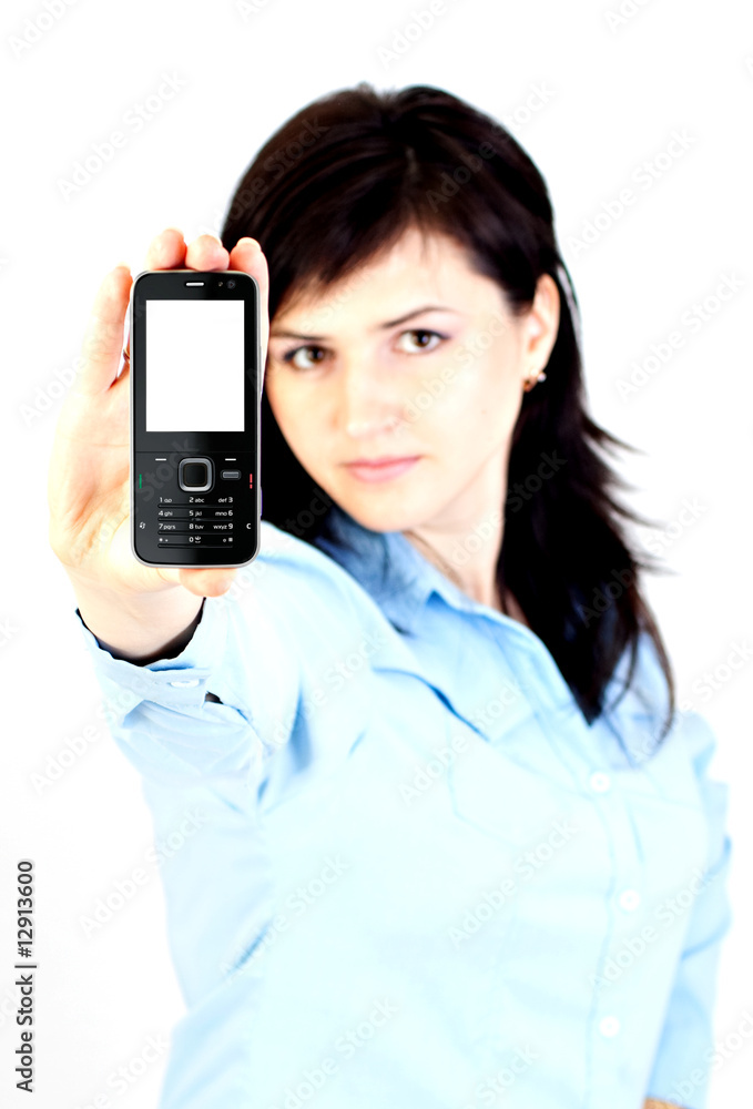 Blurred image of happy businesswoman showing her cellphone Blurred image of happy businesswoman showing her cellphone