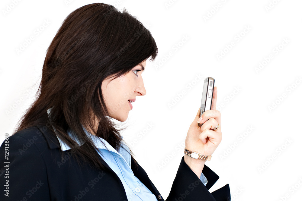 Happy businesswoman showing her cellphone Happy businesswoman showing her cellphone