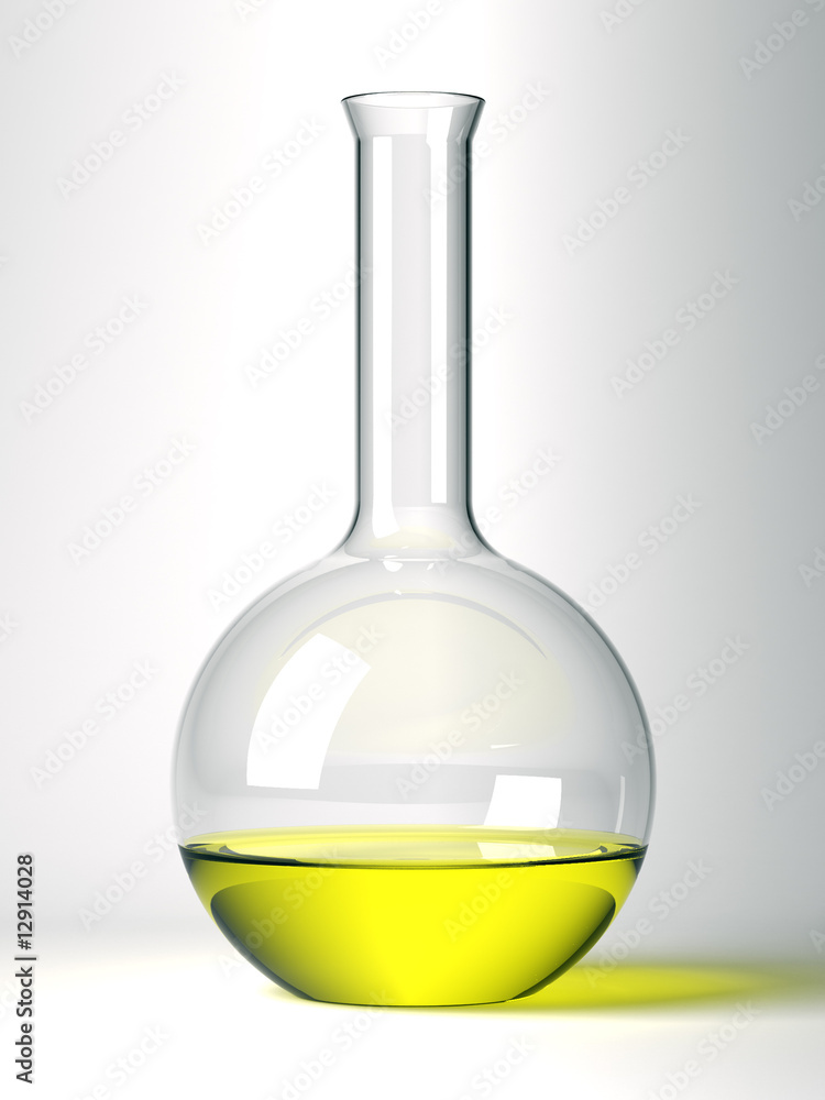 Round retort with yellow liquid on white background Round retort with yellow liquid on white background
