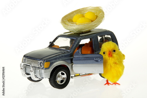 Easter chicken at car with nest on the roof
