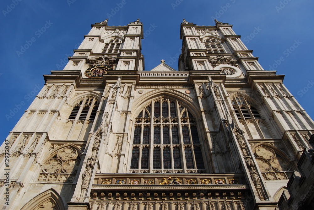 Upward perspective view of Westminster Abbey, London