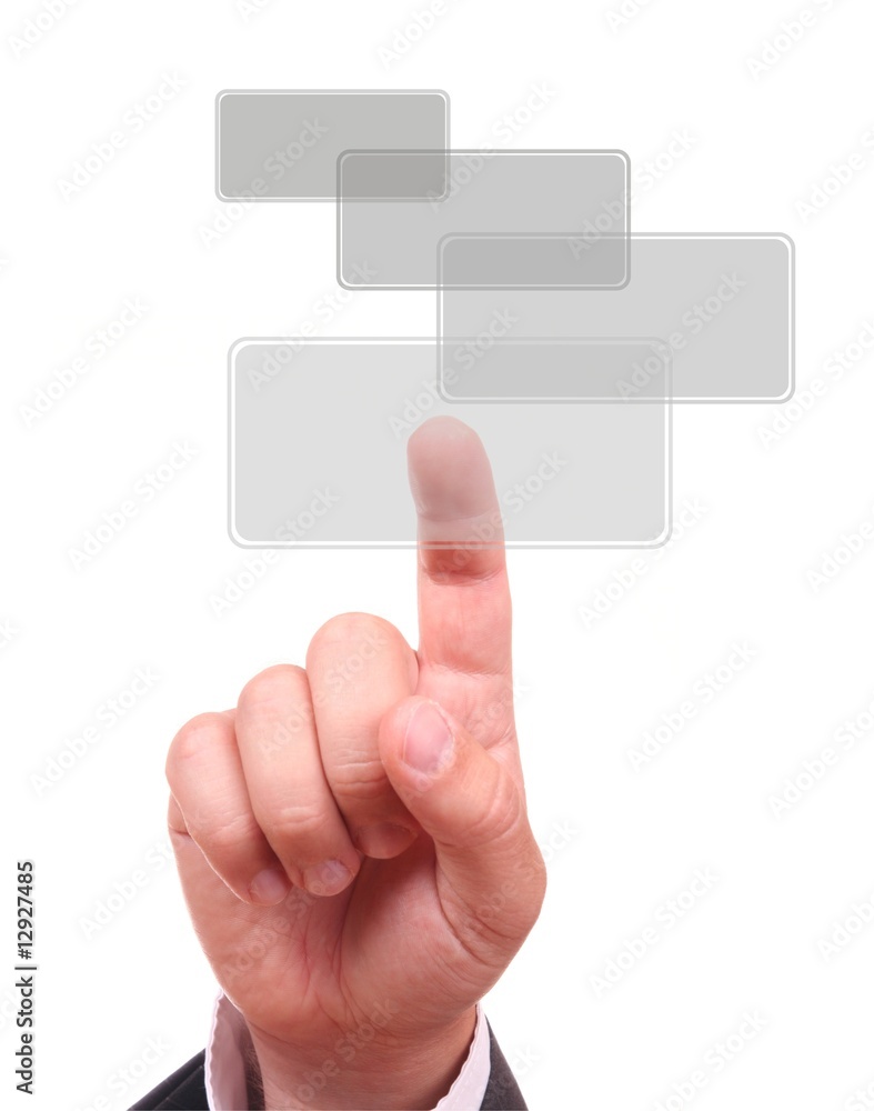 Businessman hand pressing one of grey buttons Businessman hand pressing one of grey buttons