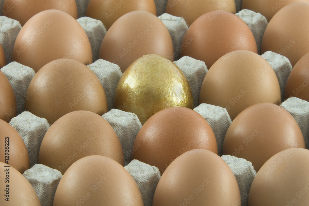 One golden egg with many ordinary fresh rural eggs packed into c One golden egg with many ordinary fresh rural eggs packed into c