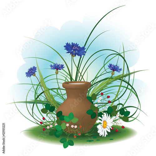 daisy, cornflowers, strawberry and earthenware pot of milk