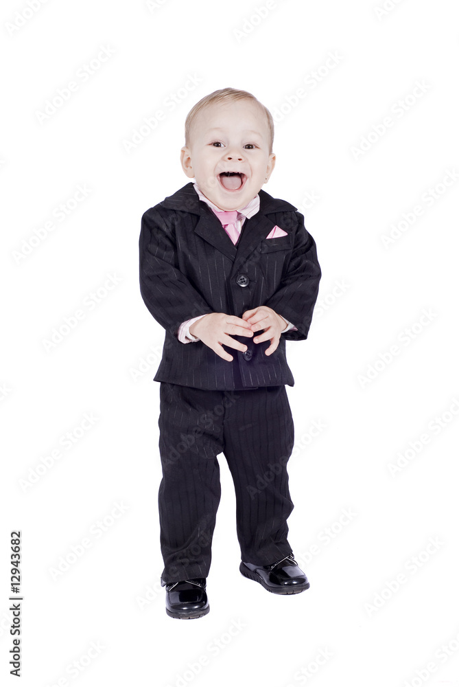 smiling little man in classic suit over white background smiling little man in classic suit over white background