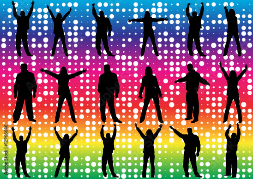 Colored background with silhouette of a happy people