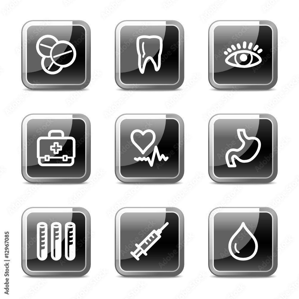 Medicine web icons, black square glossy buttons series Medicine web icons, black square glossy buttons series