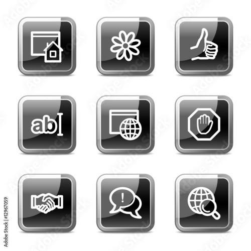 Internet web icons, black square glossy buttons series