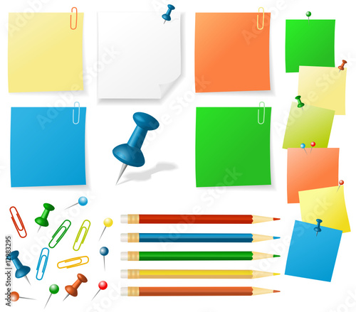 Sticker notes, pencil, pin