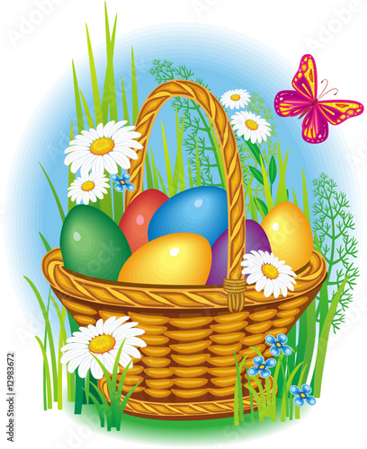 Сolorful Easter Eggs in wicker basket